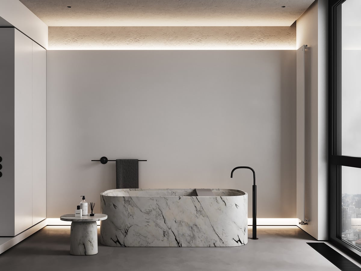 Dunkles Badezimmer mit umlaufender indirekter LED-Lichtlinie